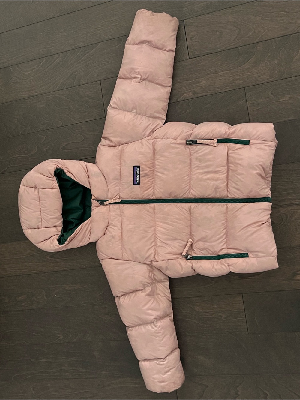 Patagonia Girls Pink Hooded Puffer with Green Trim